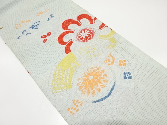 JAPANESE KIMONO / ANTIQUE SUMMER MARU OBI / WOVEN KIKU & FLOWERS